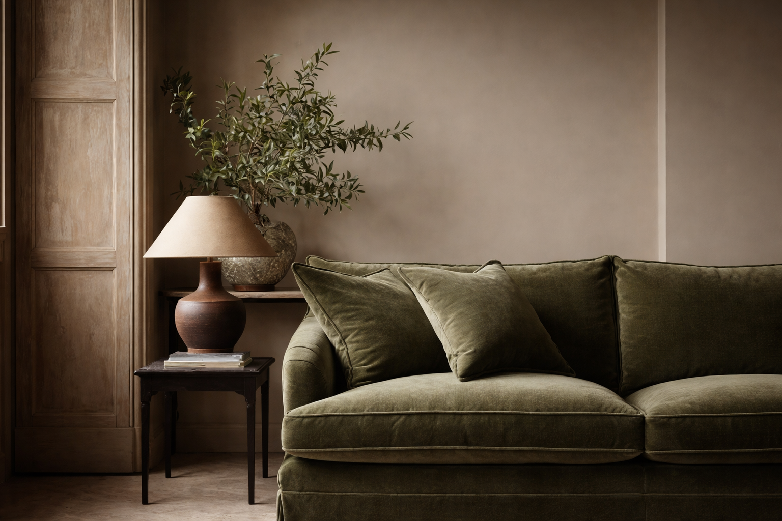 Green sofa with decorative pillows in a room with a lamp and plant.